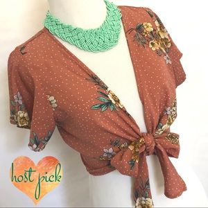 Peach Floral Crop Top w/ Front Tie Closure Size S